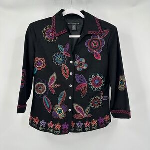 Womens Boho Embroidered Floral Jacket Sz S Silk Blend Colorful Artisan Whimsical